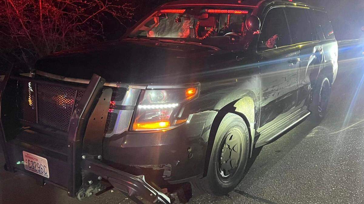 One of the Thurston County Sheriff’s Office vehicles that was damaged Saturday night.