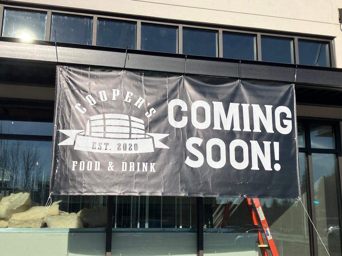 The coming soon sign for Cooper’s Food and Drink at Hogum Bay Town Center in Lacey.
