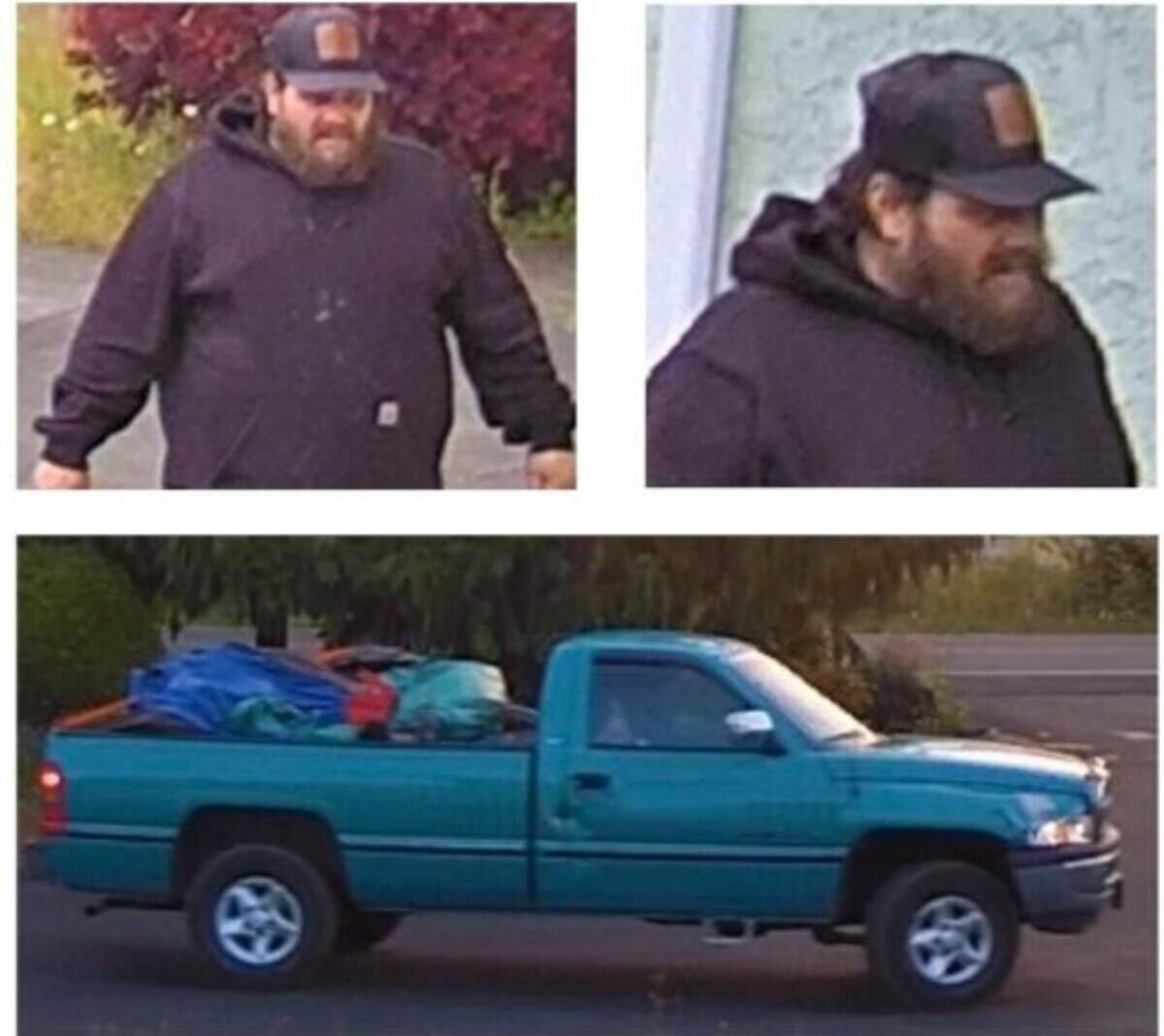 Thurston County Sheriff’s Office seeks public help identifying a burglary suspect last seen wearing a dark sweatshirt and cap; vehicle described as a blue pickup truck.