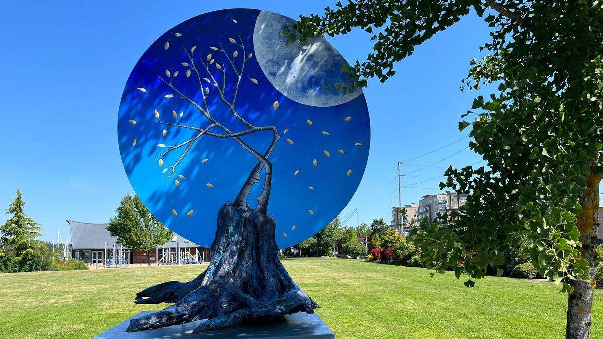 Encircled in Cycles by Jennifer Kapnek displayed on Percival Landing on Thursday. The sculpture is one of 16 up for the 2023 People’s Choice Award in the Percival Plinth Project. The winner will be purchased for the city of Olympia’s permanent public art collection.