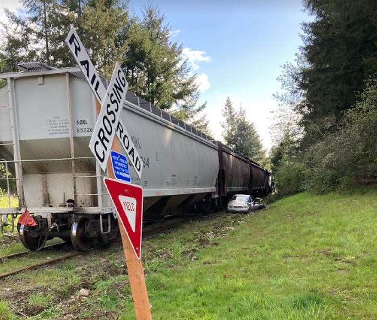 There’s a marked railroad crossing in the area of the train vs. car collision Tuesday morning, but it’s not the type of crossing where lights are triggered and gates fall to block traffic.