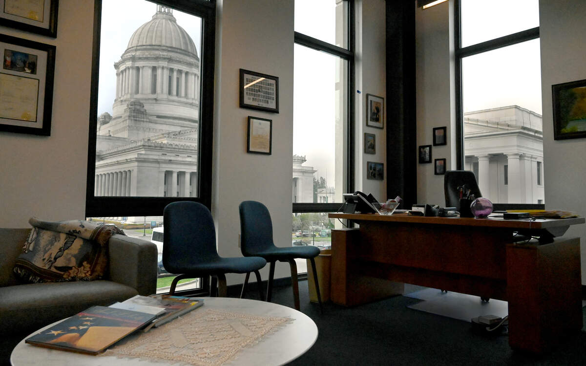 The new Irving R. Newhouse Building formally opened in December 2024 and houses the Washington State Senate and staff. Replacing the 90 year-old original structure the new building has major upgrades in design architecture and energy saving features including solar panels. This photo is taken from the office of Senator Shelly Short, 7th District.