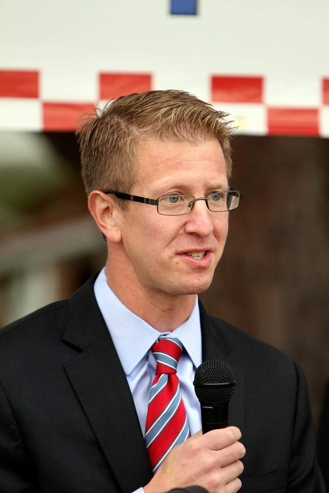 U.S. Congressman Derek Kilmer speaks to the assembled crowd at the morning visit in Gig Harbor’s Skansie Brothers Park welcome ceremony for visiting Croatian Prime Minister Zoran Milanovic.