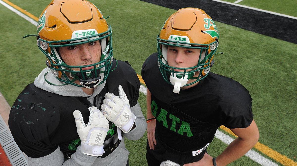 Tumwater linebackers Caleb Sadlemyer (left) and Bennett Ferris help make up a tough and experienced T-Birds’ defensive unit.
