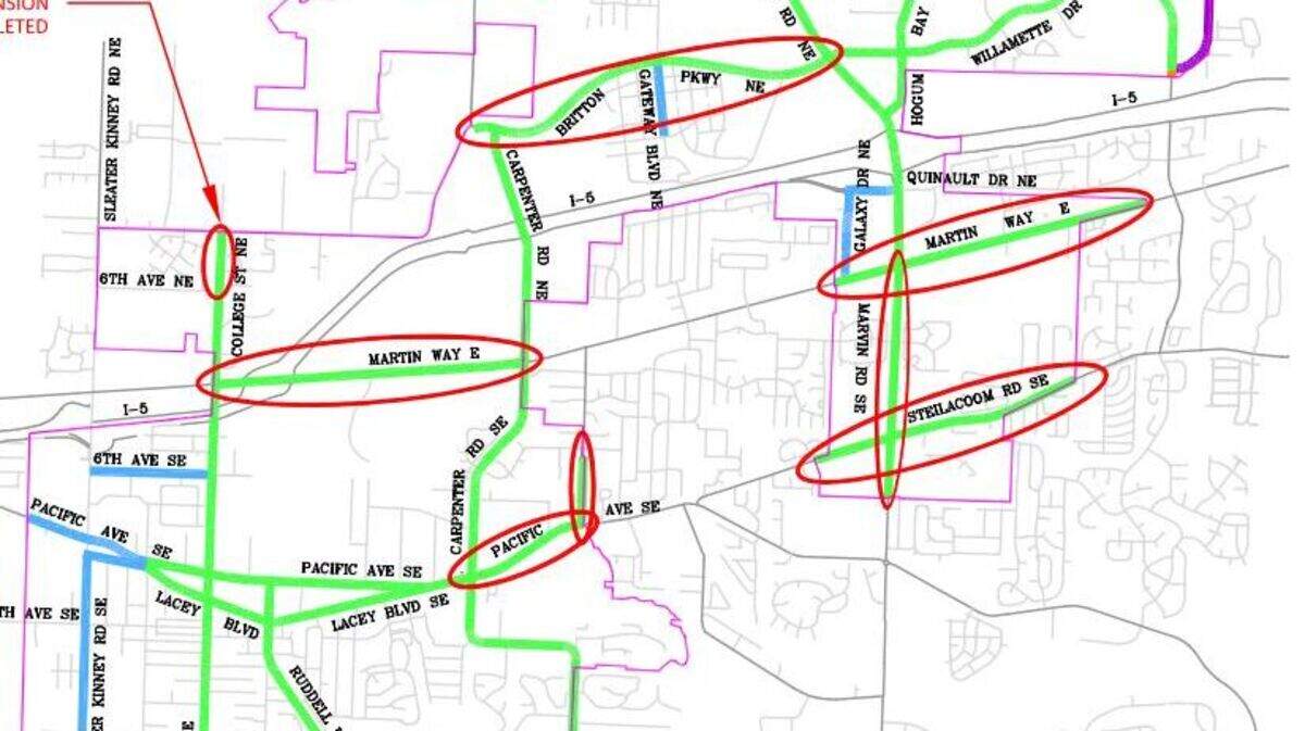 The semicircles on the city of Lacey map indicate areas where the speed is proposed to be reduced to 35 miles per hour or stay at 35 mph. Lacey City Council is set to vote on the proposal April 20.