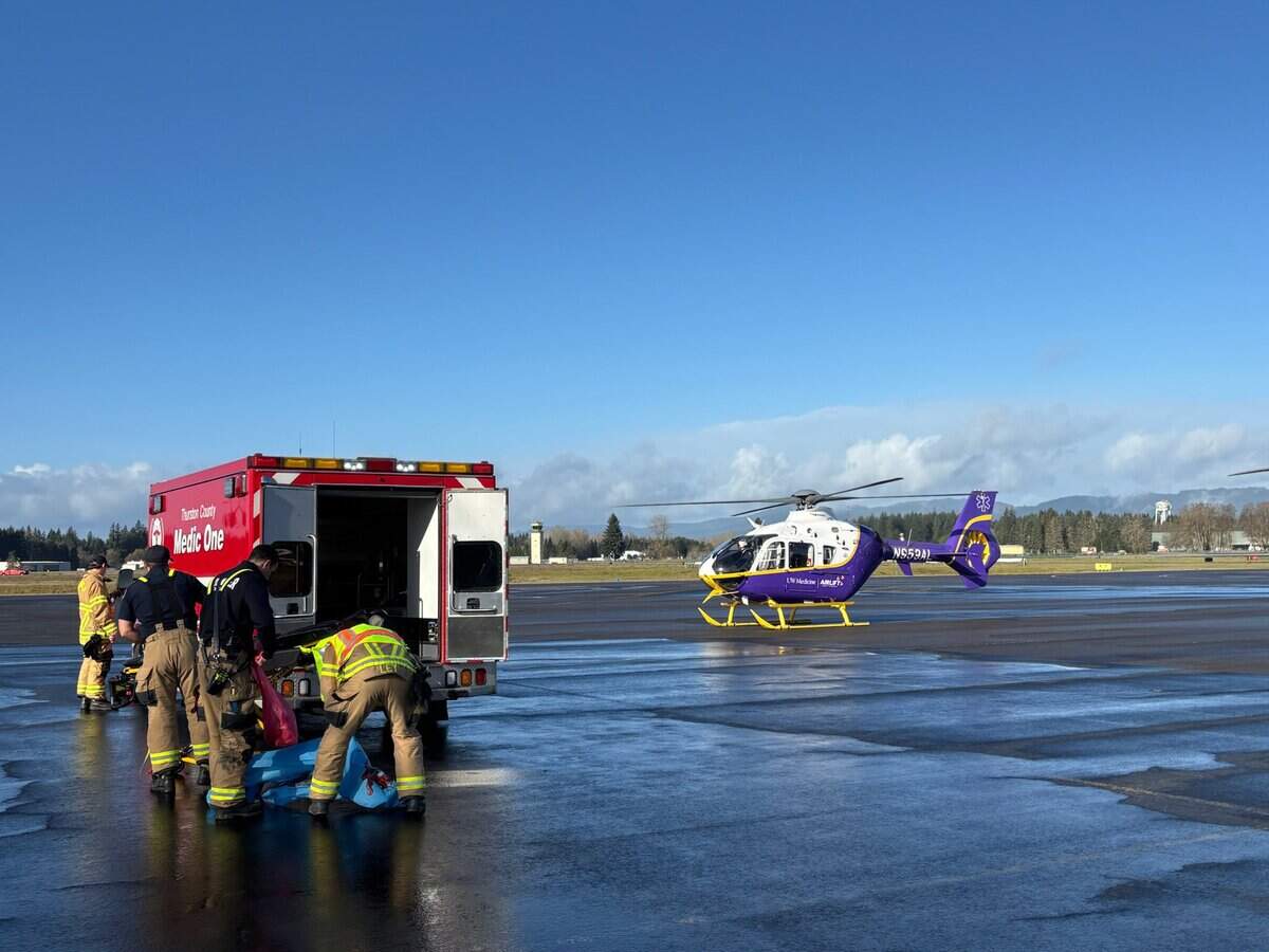 First responders transported a patient from the scene of an Interstate 5 collision to Olympia Regional Airport on Wednesday, March 25, 2026. A University of Washington Airlift Northwest helicopter arrived at the airport to transport the patient.