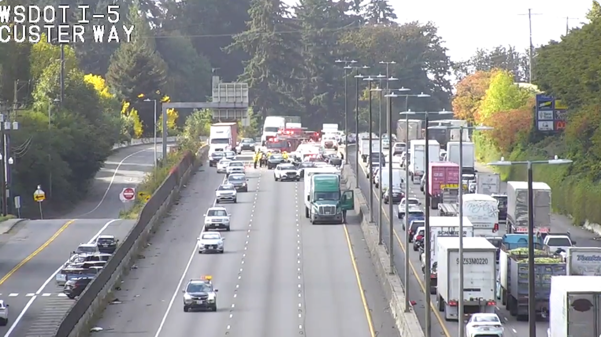 All lanes of northbound I-5 in Tumwater were blocked Wednesday morning after a multiple vehicle crash.