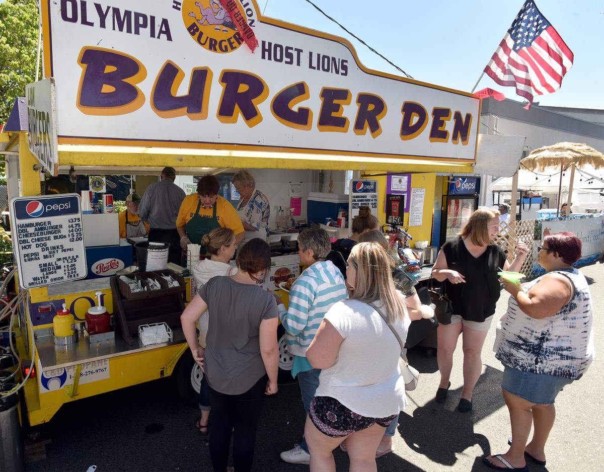 Lunchtime lines fill quickly at the Olympia Host Lions Burger Den at Capital Lakefair.