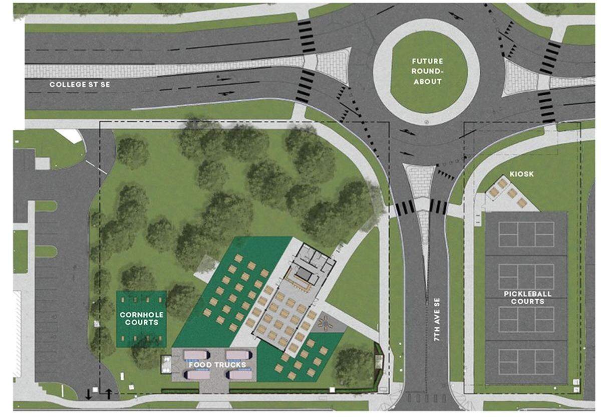 An overhead view of the Yard, showing outdoor seating, a space for food trucks and pickleball courts.
