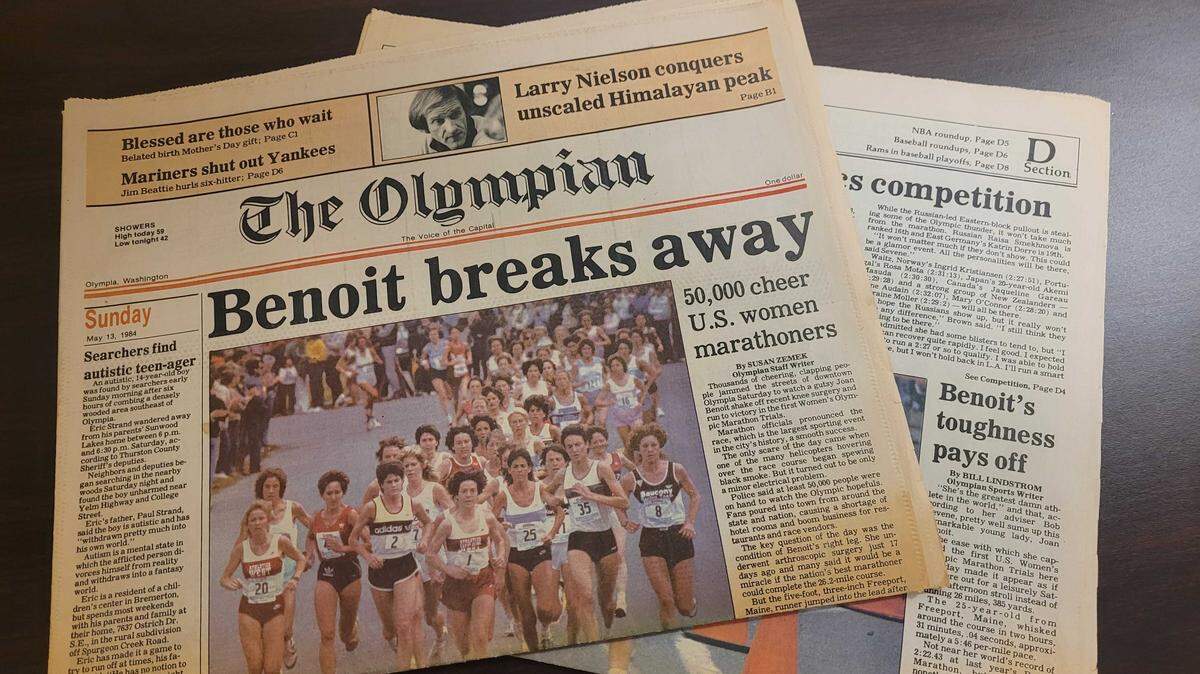 The first U.S. Women’s Olympic Marathon trials on May 12, 1984 was on the front page of the next day’s Olympian.