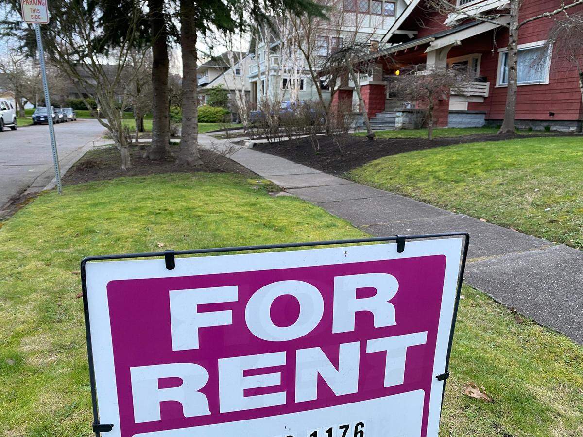 A “For Rent” sign in Olympia.