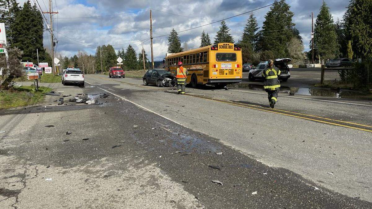 The school bus crashed into the back of a car on state Route 3 in Mason County Thursday afternoon, according to the Washington State Patrol.