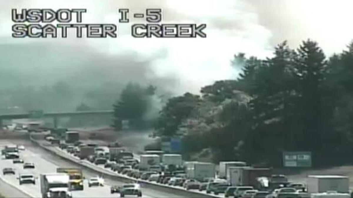 A fire on Interstate 5 southbound near Prairie Creek has blocked traffic in the right lane, as of 2:56 p.m. Thursday.