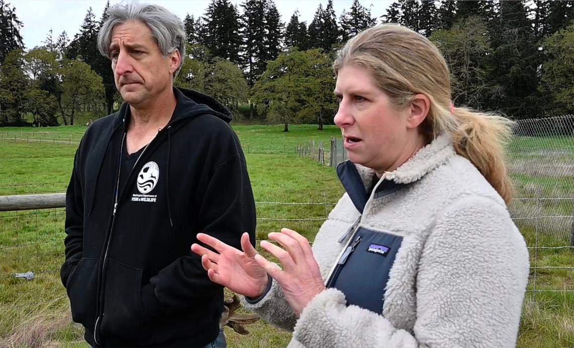 Touring land that has been in her Tenino family for generations Colvin Ranch owner Jennifer Colvin along with Bill Kronland, Scatter Creek Wildlife Area Manager for the Washington Department of Fish and Wildlife, speak to the environmental benefits to the conservation grazing method to land stewardship.