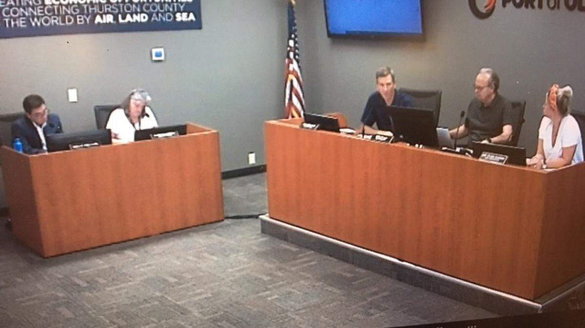 The Port of Olympia commission met Monday and heard from several residents who called on Executive Director Sam Gibboney to resign. From left: Legal counsel Rick Hughes, Executive Director Sam Gibboney and commissioners Joe Downing, Bob Iyall and Amy Evans Harding.