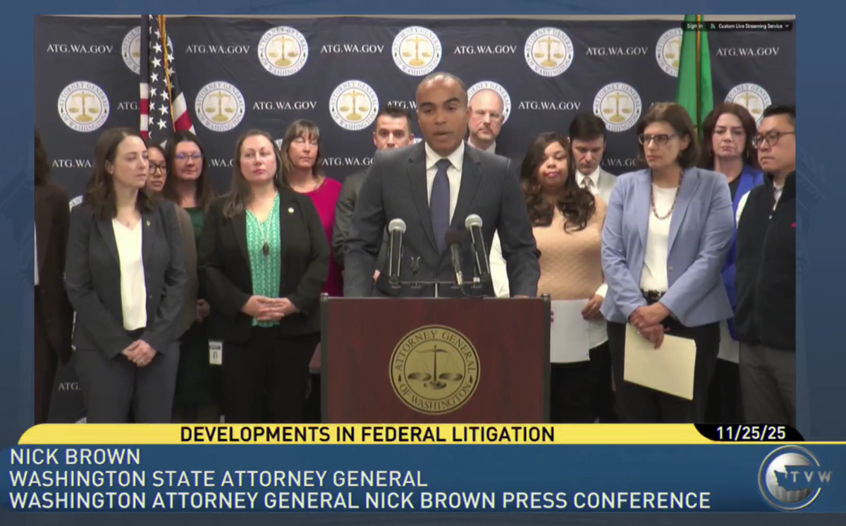 Washington Attorney General Nick Brown announced his office’s 45th case against the Trump administration at a news conference on Nov. 25, 2025.