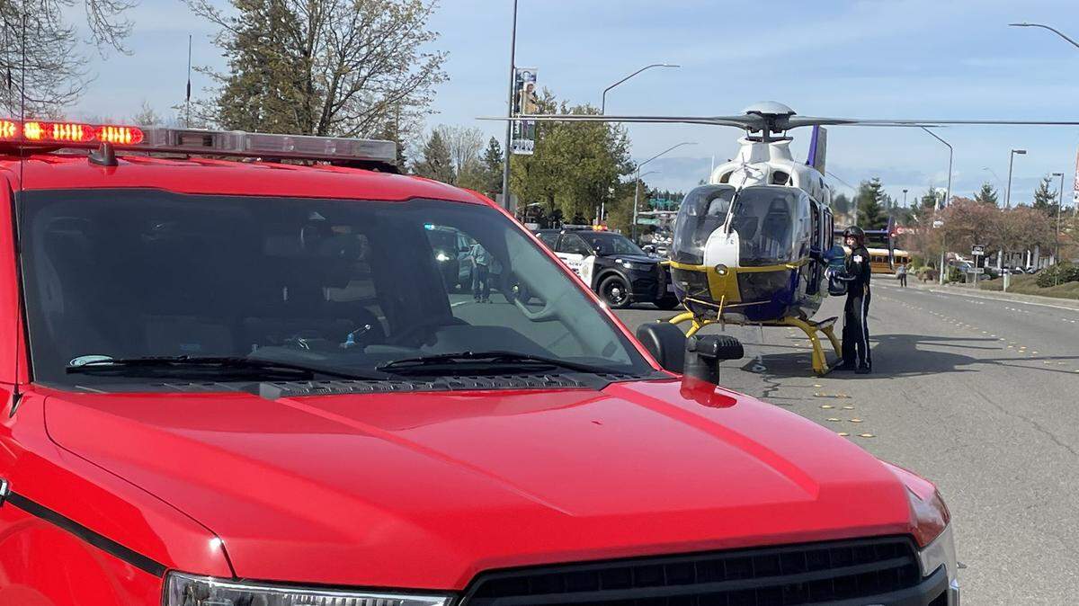 A helicopter landed on the 100 block of Marvin Road Southeast in Lacey on Wednesday, April 26, 2023, to transport an injured motorcyclist to Harborview Medical Center in Seattle. The motorcyclist, a 30-year-old Olympia man, later died, Lacey Police Sgt. Jeremy Knight said.