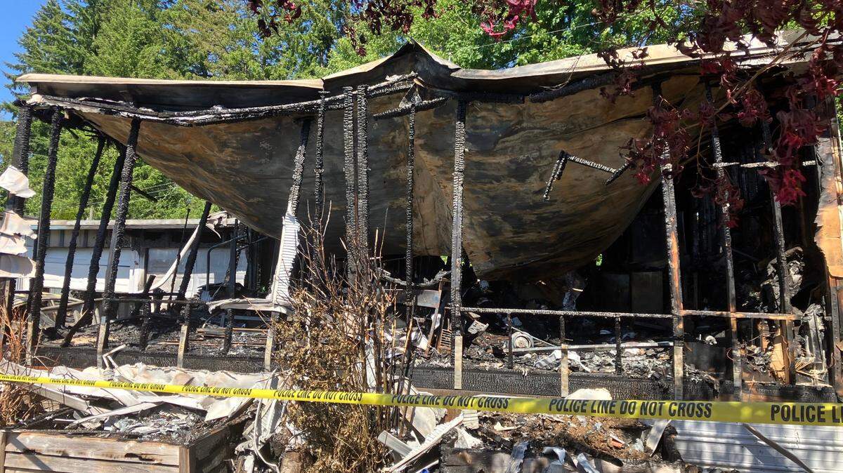 The remnants of a mobile home destroyed by fire early Tuesday morning fire at the Edgelake Mobile Home Park in Lacey.