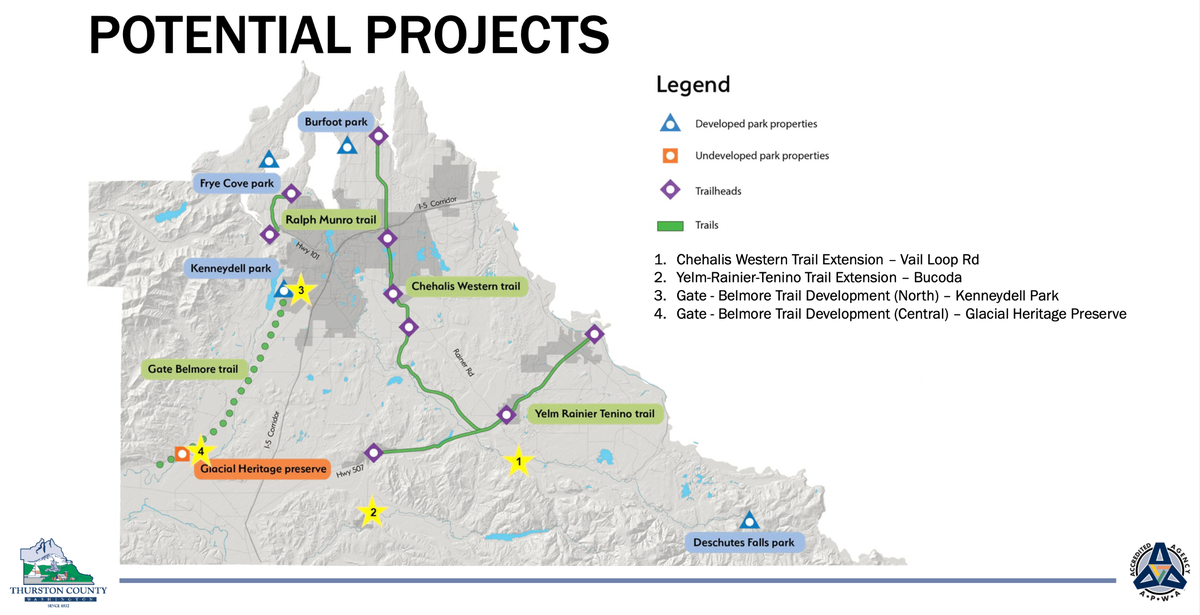 A map showing four potential trail extensions or developments in south Thurston County. Staff presented the Board of County Commissioners with the options during a Thursday, Sept. 15, 2022 meeting.