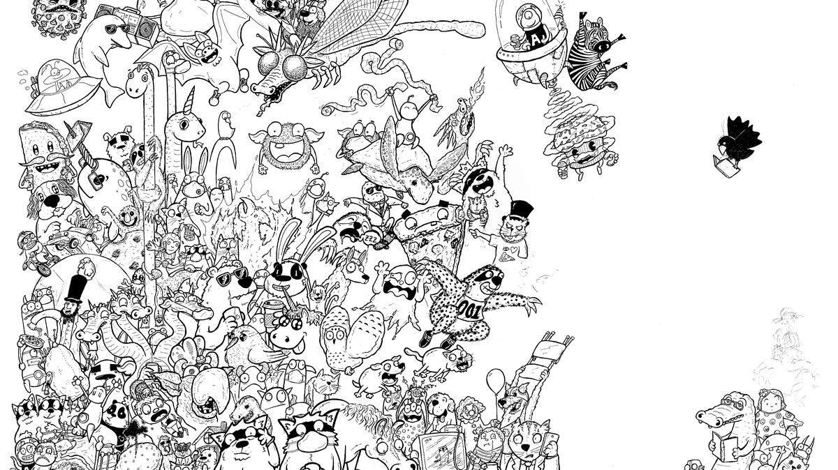 Rick Perry’s oversized drawing that has been evolving as he adds characters requested by local children.