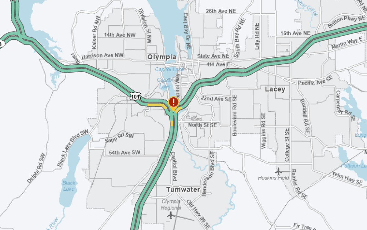 The Washington State Department of Transportation work crews closed Interstate 5 lanes near the U.S. 101 interchange in the Olympia area for emergency repairs Thursday.