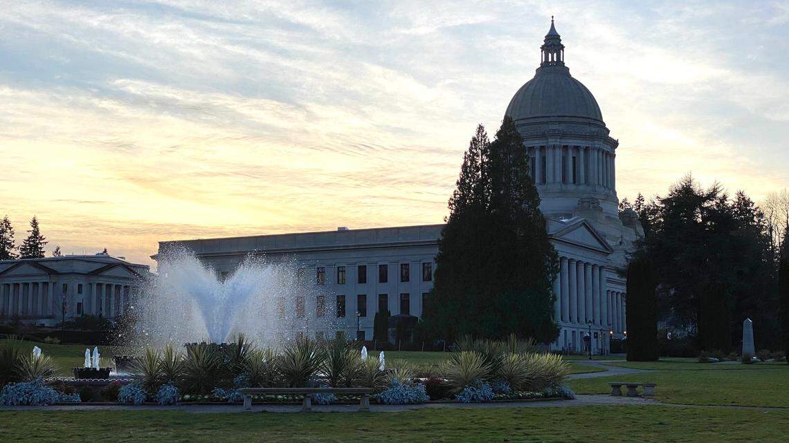 The Washington state Legislative Building and Tivoli Fountain at dusk. Washington could become the first state in the country to provide a right to legal representation for low-income tenants facing eviction in housing court.
