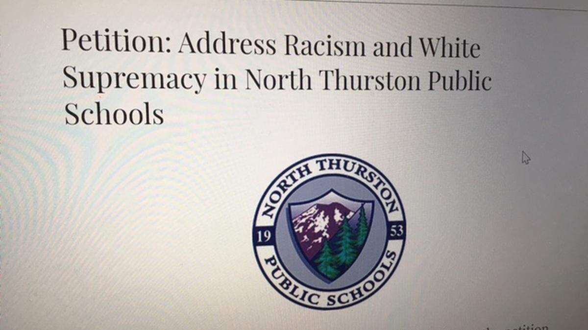 An image of the petition that accuses North Thurston Public Schools of white supremacy and racism.