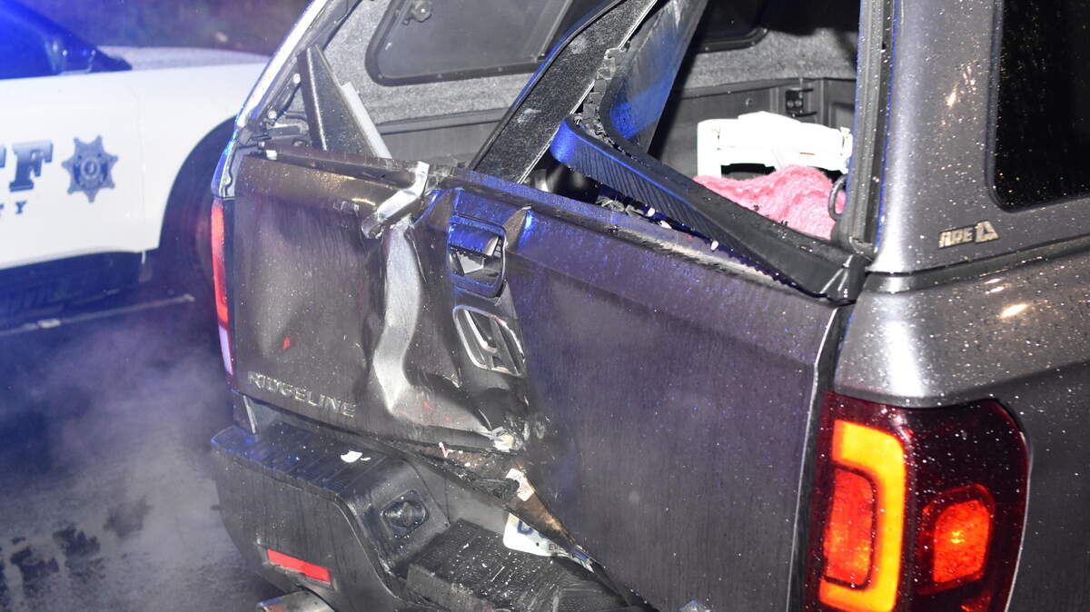 This SUV was damaged after a motorcyclist crashed into it the night of May 18, according to the Pierce County Sheriff’s Department.