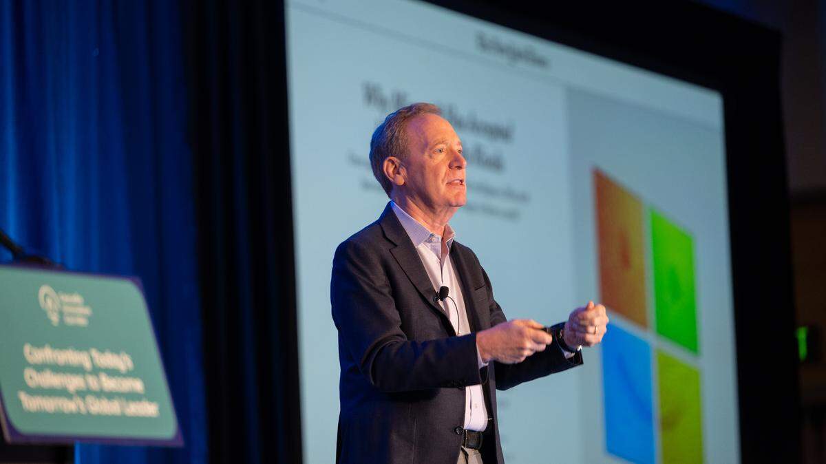 Microsoft President Brad Smith speaks at the 2025 annual Cascadia Innovation Corridor Conference in Seattle on Oct. 28, 2025.