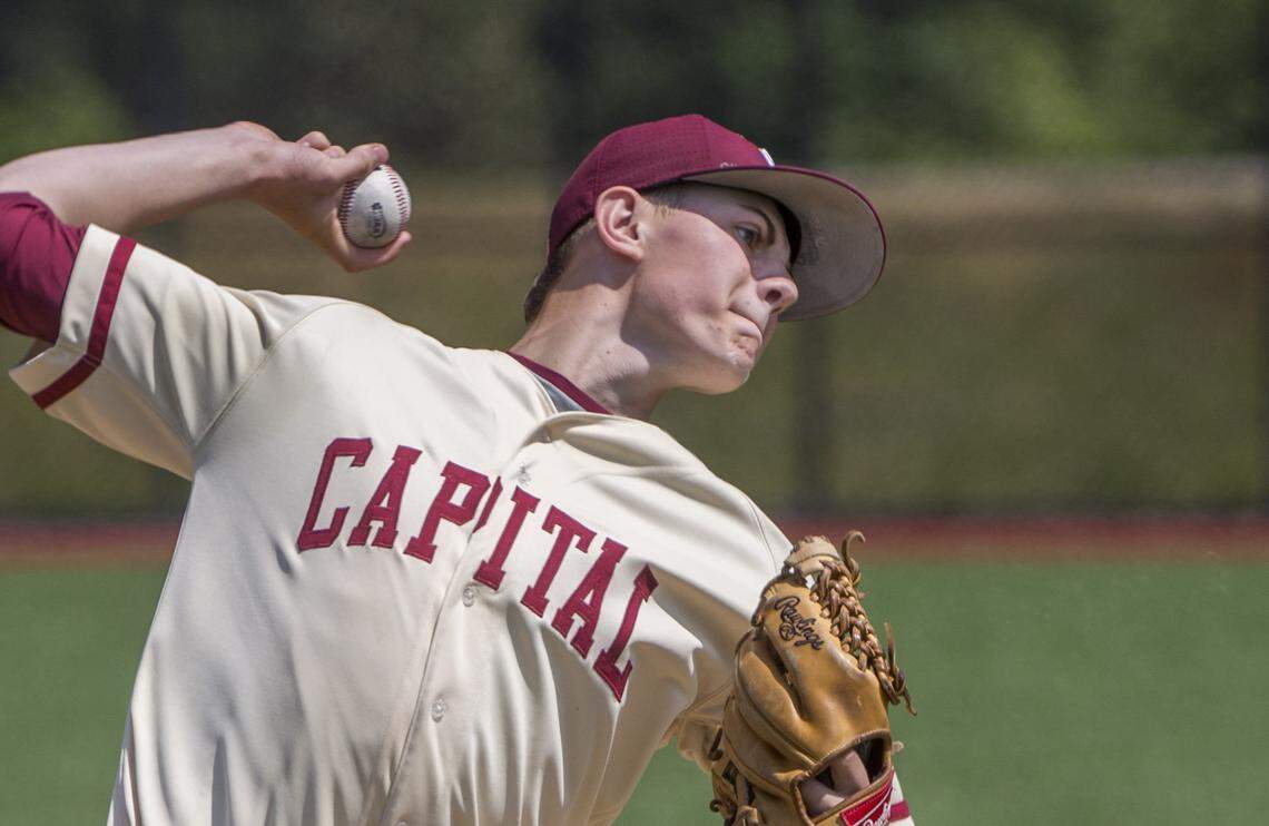 Brett Stock of Capital High School was the winning pitcher in a 3A baseball playoff game against Lakeside played at Foss High School in Tacoma, May 19, 2018.  Capital won, 3-2.