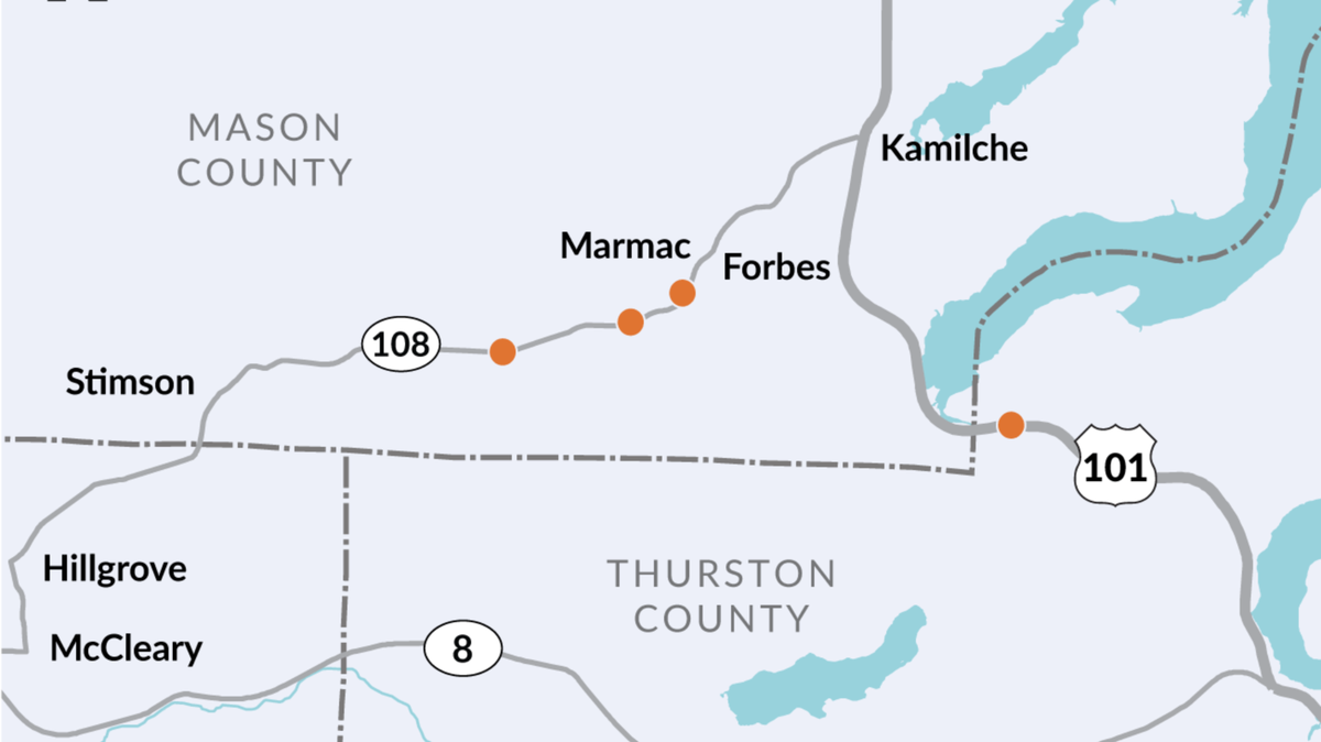 A map showing the location of three work zones on State Route 108 southwest of Kamilche and one work zone on U.S. 101 near the Thurston and Mason county line. The work zones are part of a larger fish barrier removal project headed by the Washington State Department of Transportation.
