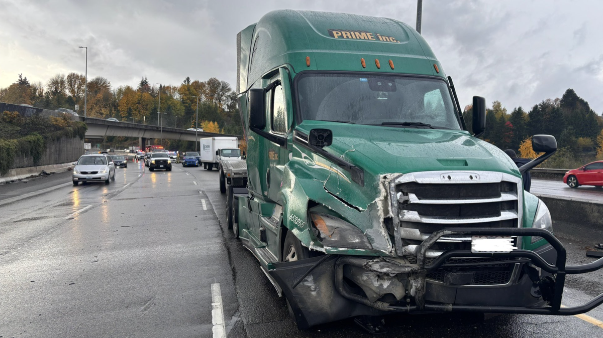 A semi-truck crashed at northbound Interstate 5 milepost 104 in Tumwater Wednesday afternoon, according to Trooper Daniel Southard. A four-car collision occurred in the ensuing back-up.