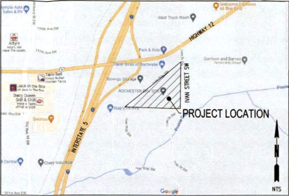 A map shows the proposed location of a 57-building project in south Thurston County.