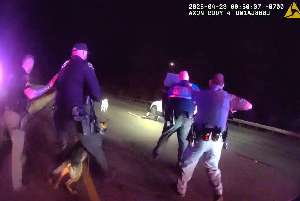 Sheriff Derek Sanders shared a still image on Facebook from body camera footage of a nighttime arrest to his Facebook page Thursday morning. The arrest occurred on Interstate 5 near the Nisqually River in east Thurston County and followed a pursuit initiated by Washington State Patrol.