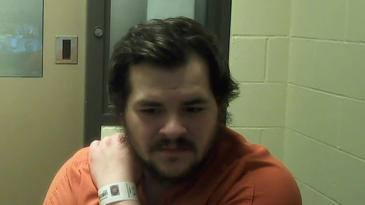 Jordan Wayne Kirkendall attends his preliminary hearing in Thurston County Superior Court from jail on Wednesday, March 15. Prosecutors allege he robbed and shot at a man who wanted to buy fentanyl.