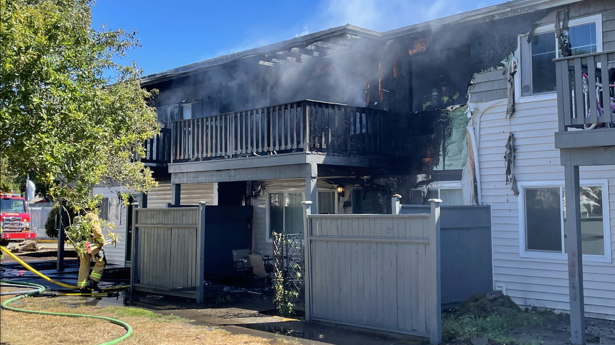 Tumwater Fire Department crews put out a “heavy fire” that started on the second floor of an apartment building at Alpine Village Apartments on Monday, Aug. 11, 2025.