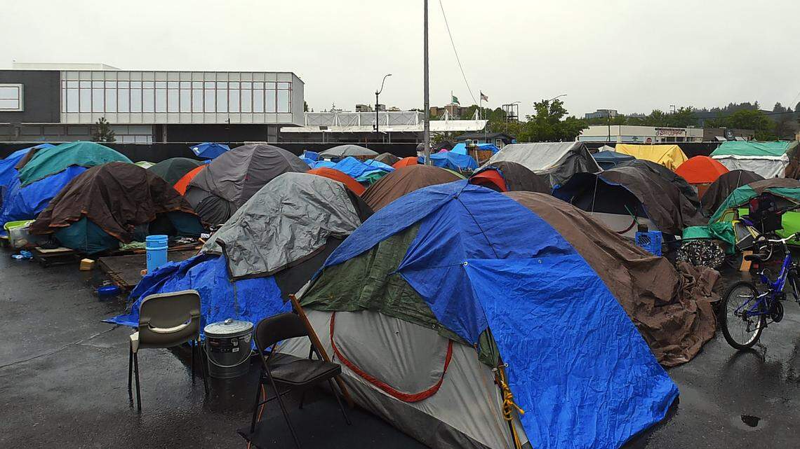 The homeless mitigation site in downtown. Earlier this month, Catholic Community Services took over management of the site from Olympia Union Gospel Mission, which had managed the site since it was established in December 2018.