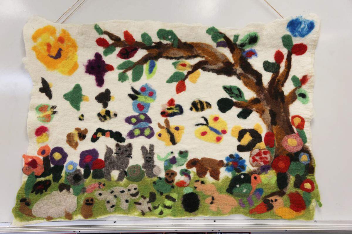 This wet-felted wall hanging was created by Lacey Elementary first-graders last year with the help of art teacher Rose Aitken.