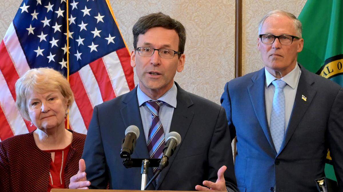 Washington Attorney General Bob Ferguson speaks at an April 2024 press conference at the state Capitol. On Oct. 8, Ferguson’s office announced that it had filed a lawsuit against social media giant TikTok.