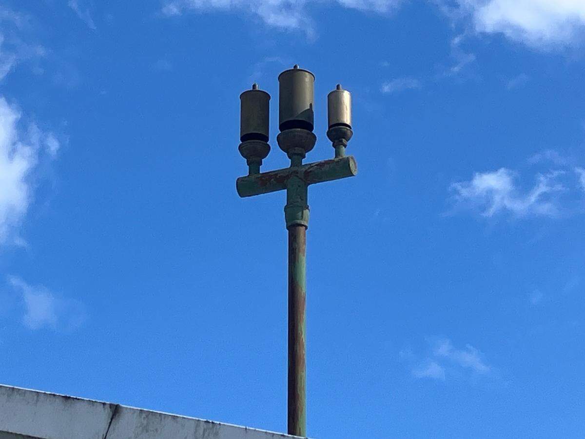 The original Olympia Brewing Co. whistle stands above the golf cart barn at Tumwater Valley Golf Club.