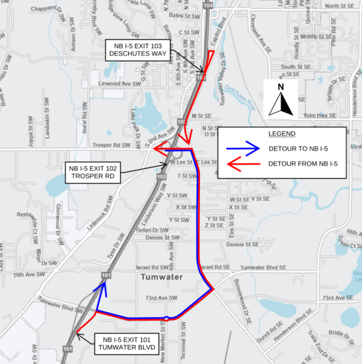The northbound on and off ramps to I-5 at Exit 102 will be closed starting at 9 p.m. Friday, July 21, and they will reopen at 5 a.m. Monday, July 31.
