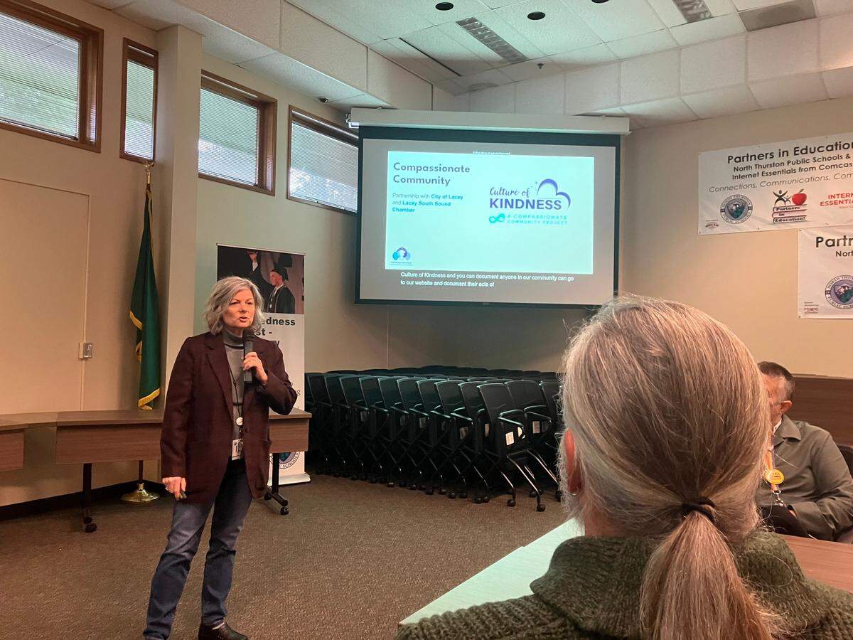 North Thurston Public Schools Superintendent Debra Clemens addresses a noon Friday community gathering about the special election on Feb. 13.