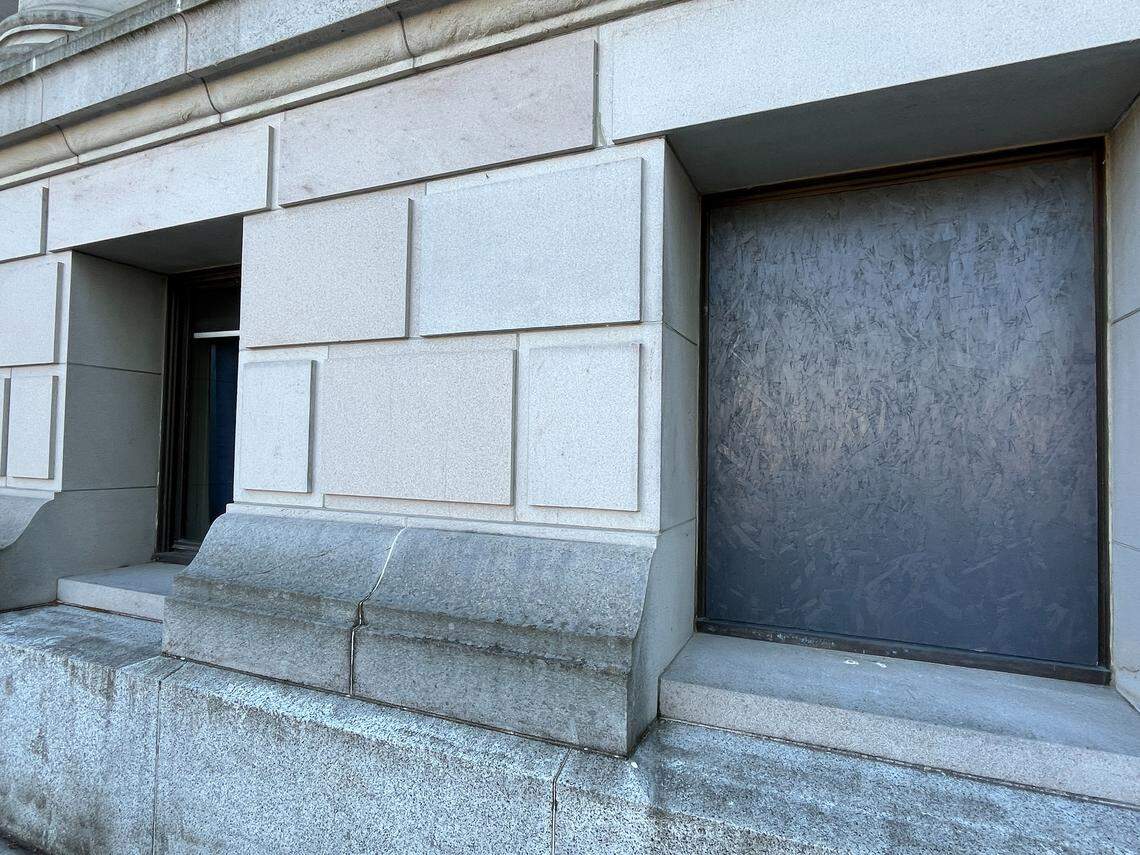 A window is boarded up at the Legislative Building at the Washington state Capitol on Oct. 6, 2025, following a break-in the night before.