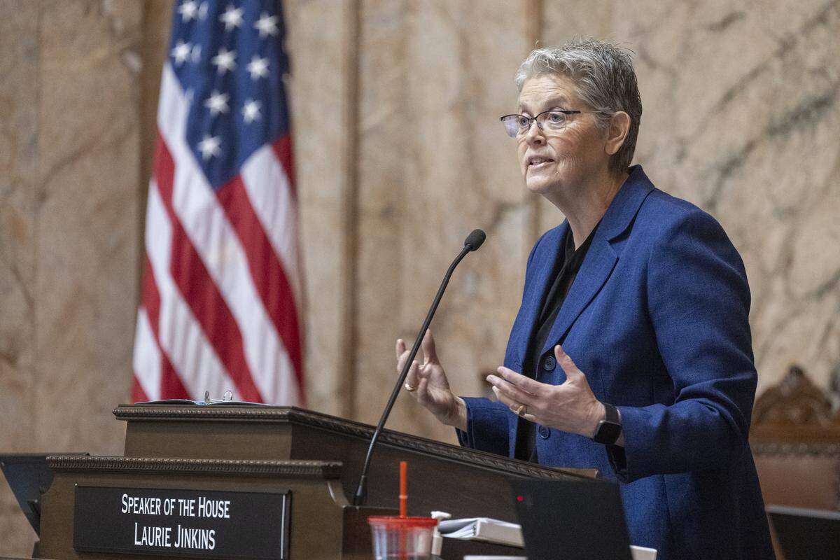 House Speaker Laurie Jinkins speaks on the first day of the Washington state Legislature’s 60-day session on Monday, Jan. 12, 2026, in Olympia, Wash.