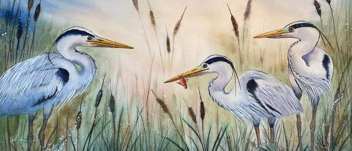 “Blue Herons” by Alice Liou. Watercolor and Sumi Ink, Lacey, Washington.