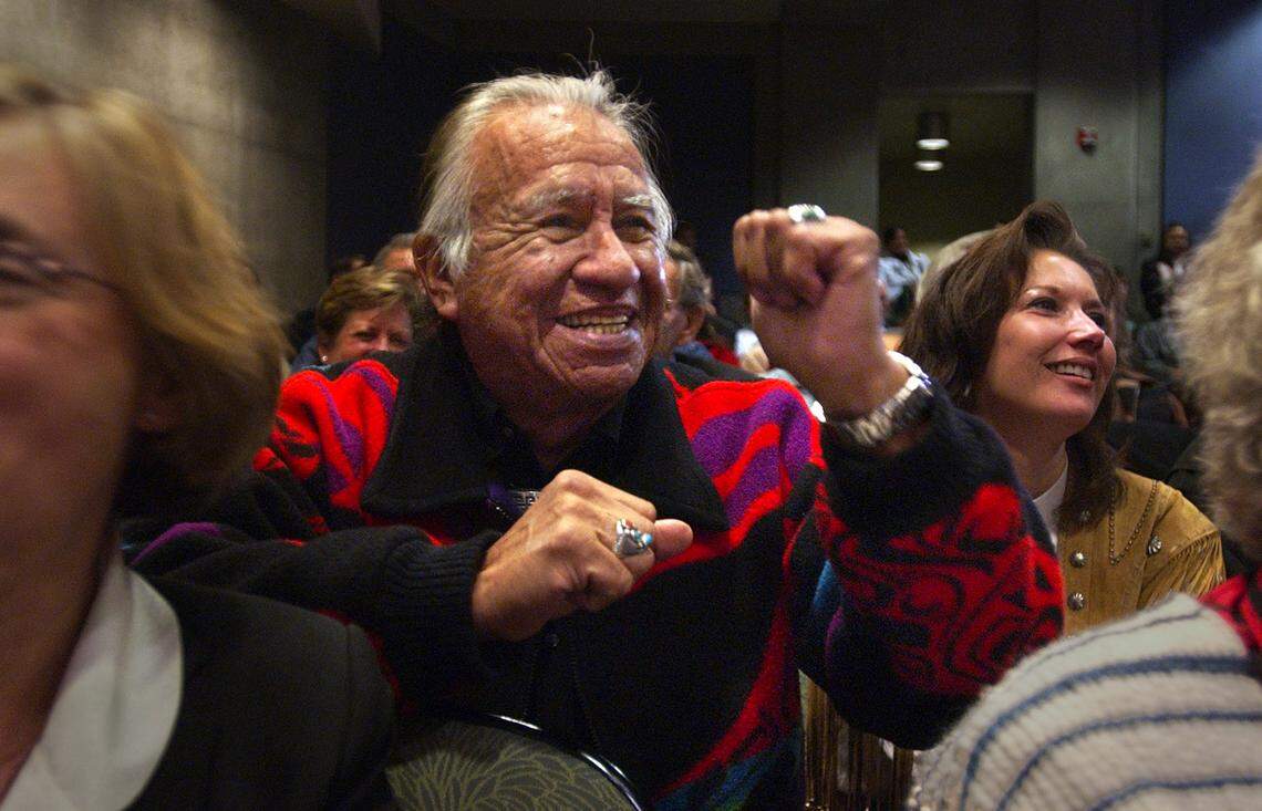 Tribal activist Billy Frank Jr. of the Nisqually tribe, pumps his fist in 2004 as the Washington State Historical Court overturned the murder conviction of Chief Leschi, a Nisqually leader who was hanged in 1858 for the killing a United States soldier. Seattle artist Haiying Wu has been chosen to create a likeness of Frank for Statuary Hall at the Capitol Building in Washington, D.C.