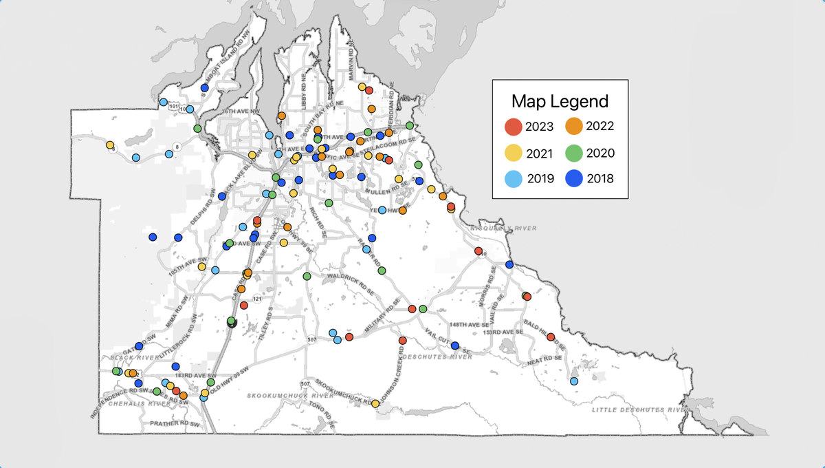 A map showing where traffic fatalities occurred in Thurston County from 2018 to 2023, according to the Washington State Department of Transportation. Data for 2023 is incomplete.