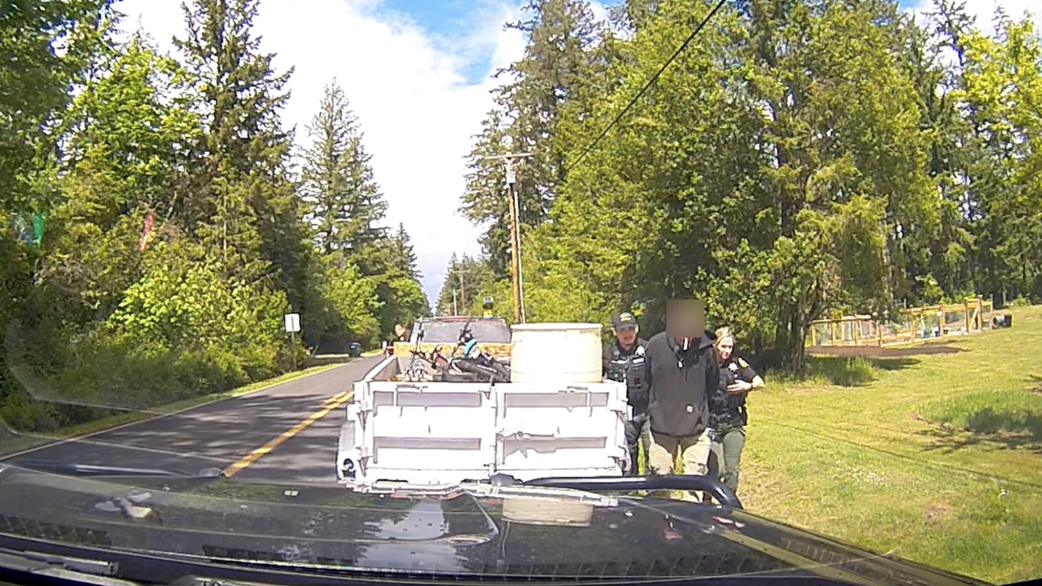 Thurston County deputy climbs tree to find stolen excavator near Burfoot Park Monday