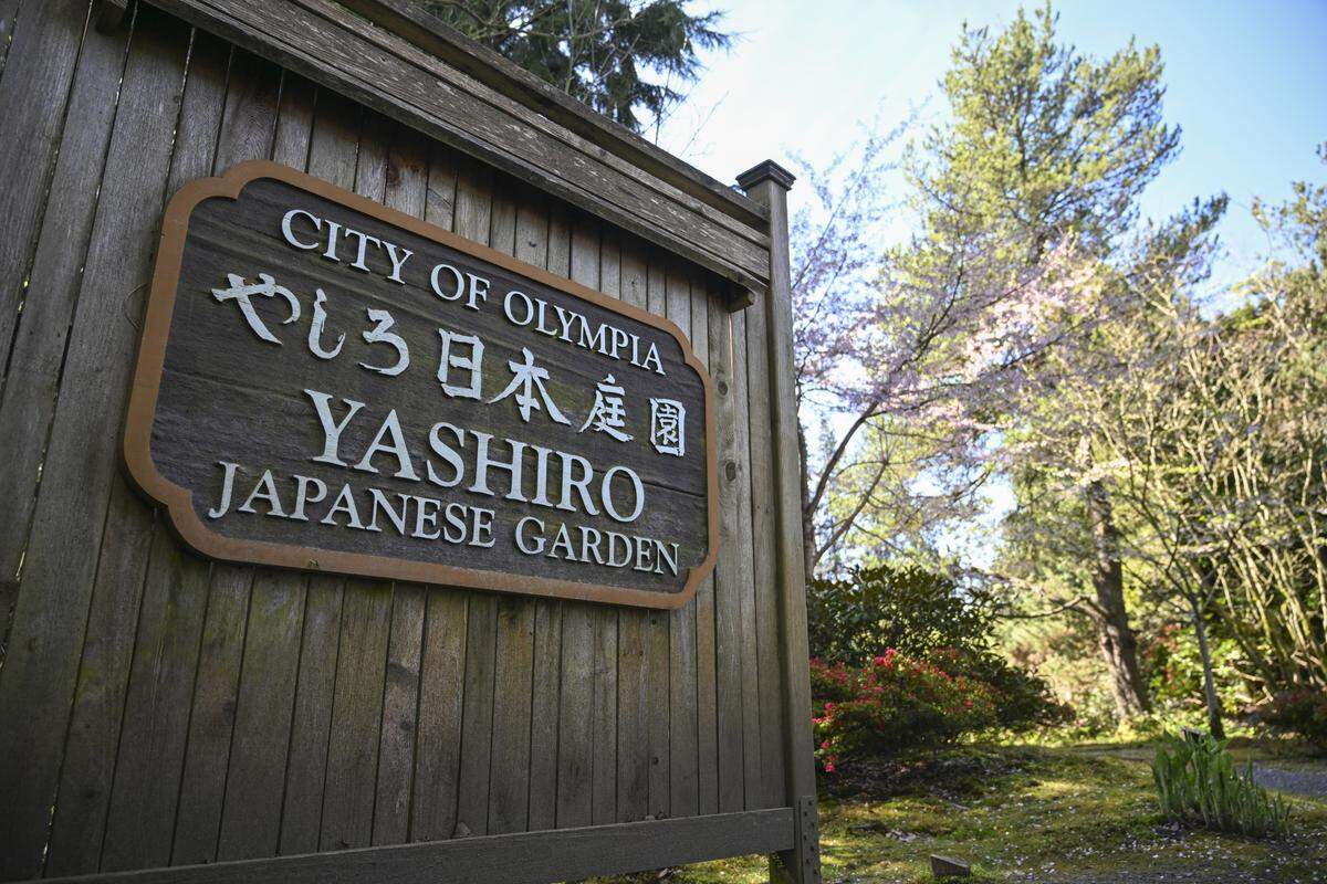 A sign marks the entrance to the Yashiro Japanese Garden on Wednesday, April 8, 2026, in Olympia, Wash.