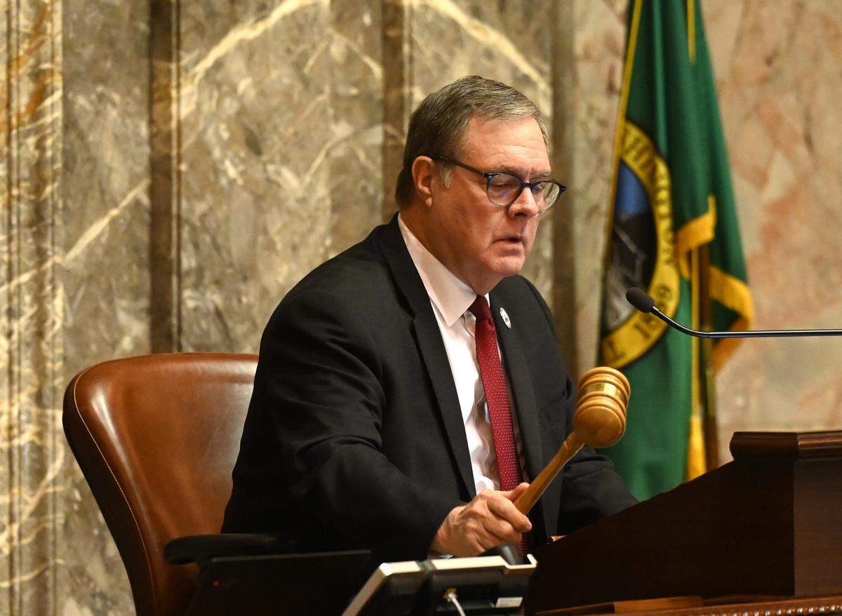 Lt. Gov. Denny Heck opens the afternoon Senate session on Sine Die Thursday, the last day of the 2024 legislative session at the Capitol in Olympia. Heck said, “Unfortunately, progress on housing was modest.”